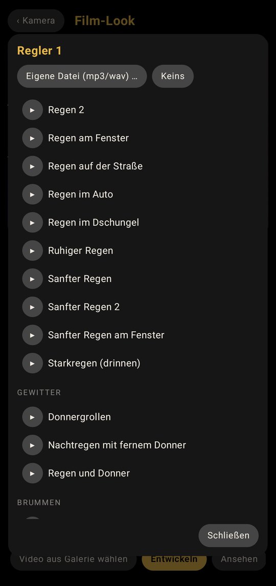 Auswahlliste der Hintergrundgeräusche mit Vorhören